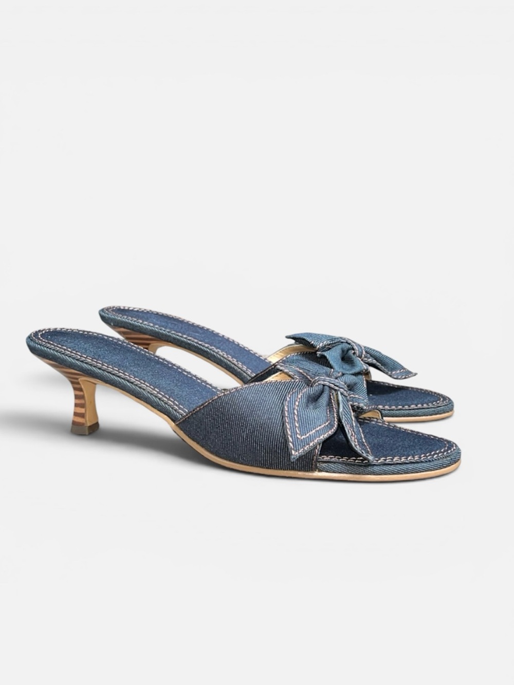 Avon Y2K Denim Bow Kitten Heel Slide Sandal Mules NWOB 9M